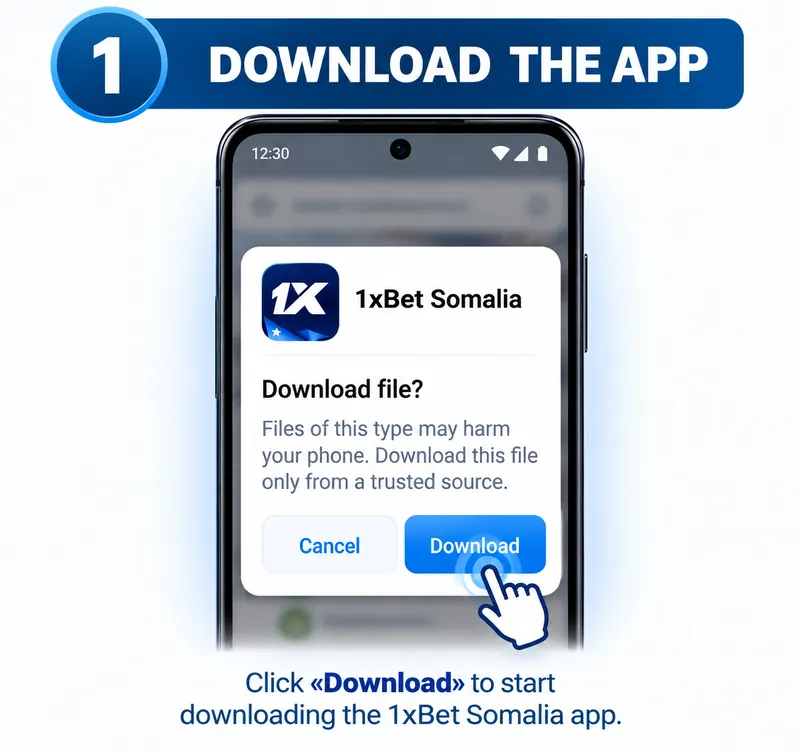 Guide showing how to tap Download to get the 1xBet app